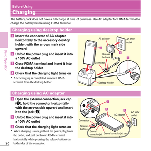 Page 2826
Basic Operation
Before Using
Charging
The battery pack does not have a full charge at time of purchase. Use AC adapter for FOMA terminal to 
charge the battery before using FOMA terminal.
aInsert the connector of AC adapter 
horizontally to the accessory desktop 
holder, with the arrows mark side 
upward
bUnfold the power plug and insert it into 
a 100V AC outlet
cClose FOMA terminal and insert it into 
the desktop holder
dCheck that the charging light turns on*After charging is completed, remove FOMA...