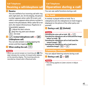 Page 4745
Connect
Call Telephone
Receiving a call/videophone call
aReceiveYou are notified of an incoming call with ring 
alert, light alert, etc. On the display, the phone 
number appears when caller ID is sent, and 
callers name appears when phone number is 
saved in the phonebook. When caller ID is not 
sent ,the reason (Anonymous, Payphone or 
Unavailable) appears.
j : Adjust the alert volumeS : Stop the ring alert and vibratorf : On-hold
bn (voice/videophone call)  or I 
(videophone call)
You can also...