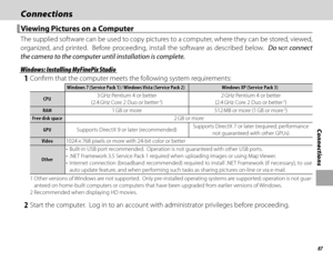 Page 10187
Connections
ConnectionsConnections
 Viewing Pictures on a Computer Viewing Pictures on a Computer
The supplied software can be used to copy pictures to a computer, where they can be stored, viewed, 
organized, and printed.  Before proceeding, install the software as described below.  Do 
NOT connect 
the camera to the computer until installation is complete.
 Windows: Installing MyFinePix Studio Windows: Installing MyFinePix Studio
 1  Confi rm that the computer meets the following system...
