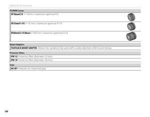 Page 114100
Optional Accessories
 FUJINON Lenses FUJINON  LensesXF18mmF2 R: F=18 mm, maximum aperture f/2.
XF35mmF1.4 R: F=35 mm, maximum aperture f/1.4.
XF60mmF2.4 R Macro: F=60 mm, maximum aperture f/2.4.
Mount AdaptersMount AdaptersFUJIFILM M MOUNT ADAPTER: Allows the camera to be used with a wide selection of M-mount lenses.
Protector FiltersProtector FiltersPRF-52: Protector fi lter (diameter 52 mm).
PRF-39: Protector fi lter (diameter 39 mm).
GripsGripsHG-XE1: Features an improved grip. 