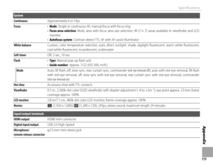 Page 129115
Appendix
Specifi cations
System
ContinuousContinuousApproximately 6 or 3 fpsApproximately 6 or 3 fps
FocusFocus• • ModeMode: Single or continuous AF; manual focus with focus ring: Single or continuous AF; manual focus with focus ring• • Focus-area selectionFocus-area selection:  Multi,  area  with  focus  area  size  selection;  49  (7 ×  7)  areas  available  in  viewﬁ nder  and  LCD : Multi, area with focus area size selection; 49 (7 × 7) areas available in viewﬁ nder and LCD monitormonitor• •...
