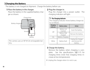 Page 2410
 Charging the Battery Charging the Battery
The battery is not charged at shipment.  Charge the battery before use.
 1  Place the battery in the charger.Place the battery in the supplied battery char-
ger as shown.
Battery charger
Battery
Charge lamp
Arrow
The camera uses an NP-W126 rechargeable bat-
tery.
 2  Plug the charger in.
Plug the charger into a power outlet.  The 
charging indicator will light.
  The Charging Indicator  The Charging Indicator
The charging indicator shows battery charge sta-...