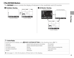 Page 3319
First Steps
 The  The DISP/BACKDISP/BACK Button Button
The DISP/BACK button controls the display of indicators in the viewfi nder and LCD monitor. 
■ Viewfi nder: Shooting
0.1 0.5 1.0 1.5 2.0 3.0 5.0 10P2000F5 . 62000.1 0.5 1.0 1.5 2.0 3.0 5.0 10P
F100
2000F5 . 6200Standard display Custom display
 
■ LCD Monitor: Shooting
Detailed display Standard display
20001F5.6
000 100
P200
F
0.1 0.5 1.0 1.5 2.0 3.0 5.0 10P2000F5 . 6200
0.1 0.5 1.0 1.5 2.0 3.0 5.0 10P
F100
2000F5 . 6200Custom display
    Custom...