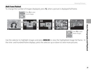 Page 3925
Basic Photography and Playback
Viewing Pictures
 Multi-Frame Playback Multi-Frame  Playback
To change the number of images displayed, press n when a picture is displayed full frame.
Press n to view 
more images.
100-0001100-0001
Press k to view 
fewer images.
Use the selector to highlight images and press MENU/OK to view the highlighted image full frame.  In 
the nine- and hundred-frame displays, press the selector up or down to view more pictures. 