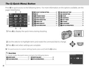 Page 4632
 The Q (Quick Menu) Button The Q (Quick Menu) Button
Press Q for quick access to the following items.  For more information on the options available, see the 
pages listed below.
ISO
SET
3200BASIC
3:2FINE
1 u  SELECT CUSTOM SETTING ...................... 67
2  N  ISO ........................................................... 41
3 
U  DYNAMIC RANGE ................................... 70
4 D  WHITE BALANCE .................................... 39
5 h  NOISE REDUCTION ....................................