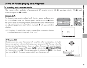 Page 4733
More on Photography and PlaybackMore on Photography and PlaybackMore on Photography and Playback
 Choosing an Exposure Mode Choosing an Exposure Mode
The camera off ers a choice of program AE (P), shutter-priority AE (S), aperture-priority AE (A), and 
manual exposure (M) modes.
 Program AE (P) Program AE (P)
To allow the camera to adjust both shutter speed and aperture 
for optimal exposure, set shutter speed and aperture to A (shut-
ter speed is set by rotating the shutter speed dial; for...