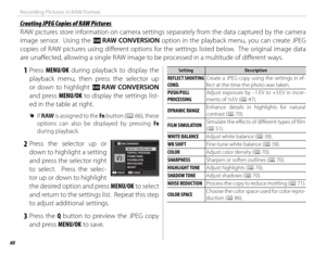 Page 7460
Recording Pictures in RAW Format
 Creating JPEG Copies of RAW Pictures Creating JPEG Copies of RAW Pictures
RAW pictures store information on camera settings separately from the data captured by the camera 
image sensor.  Using the j RAW CONVERSION option in the playback menu, you can create JPEG 
copies of RAW pictures using diff  erent options for the settings listed below.  The original image data 
are unaff  ected, allowing a single RAW image to be processed in a multitude of diff  erent ways.
 1...