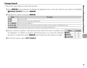 Page 7763
More on Photography and Playback Image Search Image  Search
Follow the steps below to search for pictures.
 1 Press MENU/OK during playback to display the playback menu.  Press the selector up or down to highlight 
b  IMAGE SEARCH and press MENU/OK.
 2  Highlight an option and press MENU/OK.
OptionOptionDescriptionDescription
BY DATE Search by date.
BY FACE Search for pictures that include faces.
BY  I FAVORITES Search by rating (P 23).
BY TYPE OF DATA Find all still pictures, all movies, all pictures...
