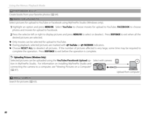 Page 9480
Using the Menus: Playback Mode
 m m PHOTOBOOK ASSIST PHOTOBOOK  ASSIST
Create books from your favorite photos (P 64).
 j j MARK FOR UPLOAD TO MARK FOR UPLOAD TO
Select pictures for upload to YouTube or Facebook using MyFinePix Studio ( Windows only).
 
1 Highlight an option and press MENU/OK.  Select  YouTube to choose movies for upload to YouTube, FACEBOOK to choose 
photos and movies for upload to Facebook.
 
2 Press the selector left or right to display pictures and press  MENU/OK to select or...