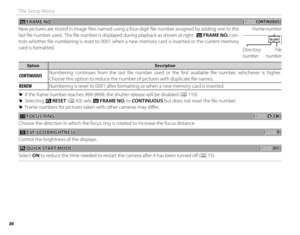 Page 9884
The Setup Menu
 B B FRAME NO. FRAME  NO.((default: default: CONTINUOUS)CONTINUOUS)
New pictures are stored in image fi les named using a four-digit fi le number assigned by adding one to the 
last fi le number used.  The fi le number is displayed during playback as shown at right.   B FRAME NO.  con-
trols whether fi le numbering is reset to 0001 when a new memory card is inserted or the current memory 
card is formatted. Frame number 
100-0001
Directory 
number
File 
number...