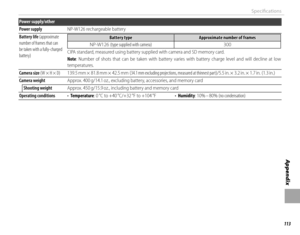 Page 129113
Appendix
Specifi cations
Power supply/other
Power supplyPower supplyNP-W126 rechargeable batteryNP-W126 rechargeable battery
Battery lifeBattery life (approximate  (approximate number of frames that can number of frames that can be taken with a fully-charged be taken with a fully-charged battery)battery)
Battery typeBattery typeApproximate number of framesApproximate number of frames
NP-W126 NP-W126 (type supplied with camera)(type supplied with camera)300300
CIPA standard, measured using battery...