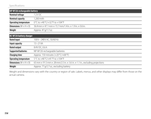 Page 130114
Specifi cations
NP-W126 rechargeable battery
Nominal voltageNominal voltage7.2 V DC7.2 V  DC
Nominal capacityNominal capacity1,260 mAh1,260 mAh
Operating temperatureOperating temperature0 °C to +40 °C/+32 °F to +104 °F0 °C to +40 °C/+32 °F to +104 °F
DimensionsDimensions (W × H × D) (W × H × D)36.4 mm × 47.1 mm × 15.7 mm/1.4 in. × 1.9 in. × 0.6 in.36.4 mm ×  47.1 mm ×  15.7 mm/1.4 in. ×  1.9 in. ×  0.6 in.
WeightWeightApprox. 47 g/1.7 oz.Approx.  47 g/1.7 oz.
BC-W126 battery charger
Rated inputRated...