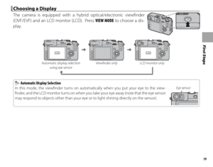 Page 3519
First Steps
 Choosing a Display Choosing a Display
The camera is equipped with a hybrid optical/electronic viewfi nder 
(OVF/EVF) and an LCD monitor (LCD).  Press VIEW MODE to choose a dis-
play.
LCD
OVF/EVFOVF/EVF
LCD
Automatic display selection  using eye sensor Viewfi nder only LCD monitor only
    Automatic Display Selection  Automatic Display Selection
In this mode, the viewfi nder turns on automatically when you put your eye to the view-
fi  nder, and the LCD monitor turns on when you take your...