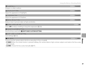 Page 8569
Menus
Using the Menus: Shooting Mode
  qq SHARPNESS SHARPNESS((defaults to defaults to STANDARD)STANDARD)
Sharpen or soften outlines.
  rr HIGHLIGHT TONE HIGHLIGHT TONE((defaults to defaults to STANDARD)STANDARD)
Adjust the appearance of highlights.
  ss SHADOW TONE SHADOW TONE((defaults to defaults to STANDARD)STANDARD)
Adjust the appearance of shadows.
 h h NOISE REDUCTION NOISE  REDUCTION((defaults to defaults to STANDARD)STANDARD)
Reduce noise in pictures taken at high sensitivities.
KK LONG...