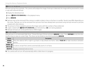 Page 9276
Using the Menus: Playback Mode
 B B RED EYE REMOVAL RED EYE REMOVAL
Remove red-eye from portraits.  The camera will analyze the image; if red-eye is detected, the image will be processed to creat e 
a copy with reduced red-eye.
 
1 Display the desired picture.
 
2 Select  B RED EYE REMOVAL in the playback menu.
 
3 Press  MENU/OK.
 
R Red eye may not be removed if the camera is unable to detect a face or the face is in profi  le.  Results may diff   er depending on 
the scene.  Red eye can not be...