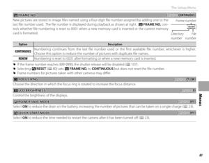 Page 9781
Menus
The Setup Menu
 B B FRAME NO. FRAME  NO.((defaults to defaults to CONTINUOUS)CONTINUOUS)
New pictures are stored in image fi les named using a four-digit fi le number assigned by adding one to the 
last fi le number used.  The fi le number is displayed during playback as shown at right.   B FRAME NO.  con-
trols whether fi le numbering is reset to 0001 when a new memory card is inserted or the current memory 
card is formatted. Directory 
numberFile 
number
Frame number 
100-0001100-0001...