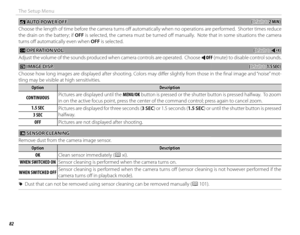 Page 9882
The Setup Menu
 M M AUTO POWER OFF AUTO POWER OFF((defaults to defaults to 2 MIN)2 MIN)
Choose the length of time before the camera turns off    automatically when no operations are performed.  Shorter times reduce 
the drain on the battery; if OFF is selected, the camera must be turned off  manually.  Note that in some situations the camera 
turns off    automatically even when  OFF is selected.
GG OPERATION VOL. OPERATION VOL.((defaults to defaults to cc))
Adjust the volume of the sounds produced...