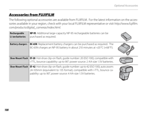 Page 122108
Optional Accessories
 Accessories from FUJIFILM Accessories from FUJIFILM
The following optional accessories are available from FUJIFILM.  For the latest information on the acces-
sories available in your region, check with your local FUJIFILM representative or visit http://www.fujifilm.
com/products/digital_cameras/index.html .
Rechargeable Rechargeable 
Li-ion batteriesLi-ion batteriesNP-95
: Additional large-capacity NP-95 rechargeable batteries can be 
purchased as required.
Battery...