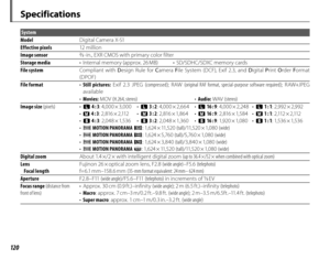 Page 134120
Specifications
System
Model Digital Camera X-S1
Effective pixels 12  m i l l i o n
Image sensor
2/3 -in., EXR CMOS with primary color filter
Storage media •  Internal memory (approx. 26 MB) •  SD/SDHC/SDXC memory cards
File system Compliant with Design Rule for  Camera  File System (DCF), Exif 2.3, and  Digital  Print  Order  Format 
(DPOF)
File format • Still pictures: Exif 2.3 JPEG ( compressed); RAW (original RAF format, special-purpose software required ); RAW+JPEG 
available
•  Movies:  MOV...