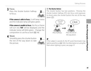 Page 3319
Basic Photography and Playback
Ta k i n g  Pi c t u r e s
   3 Focus.Press the shutter button halfway 
to focus.
If the camera is able to focus , it will beep twice 
and the indicator lamp will glow green.
If the camera is unable to focus , the focus frame 
will turn red,  s will be displayed, and the 
indicator lamp will blink green.  Change the 
composition or use focus lock ( P 34).
   4 Shoot.
Smoothly press the shutter button 
the rest of the way down to take 
the picture.
b  The Shutter Button...