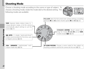 Page 3622
More on Photography
 Shooting  Mode
Choose a shooting mode according to the scene or type of subject.  To 
choose a shooting mode, rotate the mode dial to the desired setting.  The 
following modes are available:
P, S , A , M : Select for full control over camera settings, including 
aperture ( M and A) and/or shutter speed ( M and S) (P 23).
C1/C2/C3  (CUSTOM) : Recall stored set-
tings for modes  P,  S,  A , M and all EXR  
modes except R ( P 26).
EXR: Improve clarity, reduce noise, in-
crease...