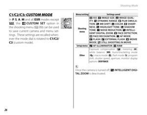 Page 4026
Shooting Mode
 C1/C2/C3 C1/C2/C3: CUSTOM MODE: CUSTOM MODE
In P, S , A , M and all EXR  modes except 
R , the  K CUSTOM SET  option in 
the shooting menu ( P 89) can be used 
to save current camera and menu set-
tings.  These settings are recalled when-
ever the mode dial is rotated to  C1/C2/
C3  (custom mode).
Menu/settingMenu/settingSettings savedSettings saved
Shooting Shooting menumenu N ISO
, O IMAGE SIZE , T IMAGE QUAL-
ITY , U DYNAMIC RANGE , P FILM SIMULA-
TION , d WB SHIFT , f COLOR, H...
