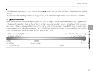 Page 6551
More on Photography
White Balance
a
•  White balance is adjusted for flash lighting only in AUTO mode.  Turn the flash off when using other white balance 
options.
•  Results vary with shooting conditions.  Play pictures back after shooting to check colors in the LCD monitor.
   k : Color Temperature
Color temperature is an objective measure of the color of a light source, expressed in Kelvin (K).  Light sources 
with a color temperature close to that of direct sunlight  appear white; light sources...