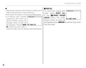 Page 9076
Printing Pictures via USB
a 
•  Remove the memory card to create or modify a print order for the pictures in internal memory.
•  Print orders can contain a maximum of 999 pictures.
• If a memory card is inserted  containing a print order cre-
ated by another camera, the 
message shown at right will 
be displayed.  Pressing MENU/
OK  cancels the print order; a 
new print order must be created as described above.■■  RESET ALL RESET ALL
To cancel the current print 
order, select RESET ALL 
in the K PRINT...