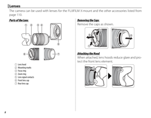 Page 248
LensesLenses
The camera can be used with lenses for the FUJIFILM X-mount and the other accessories listed from 
page 110.
Parts of the LensParts of the Lens
AALens hoodBBMounting marksCCFocus ringDDZoom ringEELens signal contactsFFFront lens capGGRear lens cap
Removing the CapsRemoving the Caps
Remove the caps as shown.
Attaching the HoodAttaching the Hood
When attached, lens hoods reduce glare and pro-
tect the front lens element. 