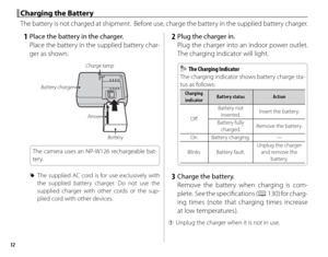 Page 2812
 Charging the Battery Charging the Battery
The battery is not charged at shipment.  Before use, charge the battery in the supplied battery charger.
 1  Place the battery in the charger.Place the battery in the supplied battery char-
ger as shown.
Battery charger
Battery
Charge lamp
Arrow
The camera uses an NP-W126 rechargeable bat-
tery.
 
R The supplied AC cord is for use exclusively with 
the supplied battery charger. Do not use the 
supplied charger with other cords or the sup-
plied cord with...