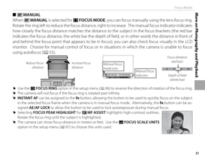 Page 6751
More on Photography and PlaybackFocus Mode
 
■  
p  MANUAL 
When  p MANUAL is selected for F  FOCUS MODE, you can focus manually using the lens focus ring.  
Rotate the ring left to reduce the focus distance, right to increase.  The manual focus indicator indicates 
how closely the focus distance matches the distance to the subject in the focus brackets (the red bar 
indicates the focus distance, the white bar the depth of fi eld, or in other words the distance in front of 
and behind the focus point...