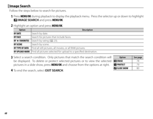 Page 8468
 Image Search Image  Search
Follow the steps below to search for pictures.
 1 Press MENU/OK during playback to display the playback menu.  Press the selector up or down to highlight 
b  IMAGE SEARCH and press MENU/OK.
 2  Highlight an option and press MENU/OK.
OptionOptionDescriptionDescription
BY DATE Search by date.
BY FACE Search for pictures that include faces.
BY  I FAVORITES Search by rating (P 23).
BY SCENE Search by scene.
BY TYPE OF DATA Find all still pictures, all movies, or all RAW...