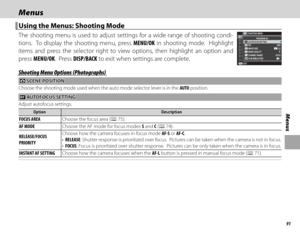 Page 10791
Menus
MenusMenus
 Using the Menus: Shooting Mode Using the Menus: Shooting Mode
The shooting menu is used to adjust settings for a wide range of shooting condi-
tions.  To display the shooting menu, press MENU/OK in shooting mode.  Highlight 
items and press the selector right to view options, then highlight an option and 
press MENU/OK.  Press DISP/BACK to exit when settings are complete.
EXITSHOOTING MENU
ISO
AUTOFOCUS SETTING PROGRAM AEIMAGE SIZE
IMAGE QUALITY
DYNAMIC RANGE AUTO
FILM SIMULATIONF...