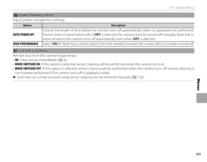 Page 127111
Menus
The Setup Menu
ZZ POWER MANAGEMENT POWER  MANAGEMENT
Adjust power management settings.
OptionOptionDescriptionDescription
 AUTO POWER OFF AUTO POWER OFF Choose the length of time before the camera turns off  automatically when no operations are performed. 
Shorter times increase battery life; if OFF is selected, the camera must be turned off   manually. Note that in 
some situations the camera turns off
   automatically even when OFF is selected.
 HIGH PERFORMANCE HIGH  PERFORMANCESelect ON for...