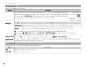 Page 128112
The Setup Menu
 t t SAVE DATA SET-UP SAVE DATA SET-UP
Adjust fi le management settings.
OptionOptionDescriptionDescription
FRAME NO.FRAME NO. New pictures are stored in image fi les named using a four-digit fi le number assigned by 
adding one to the last fi le number used.  The fi le number is displayed during playback as 
shown at right.  
FRAME NO. controls whether fi le numbering is reset to 0001 when a new 
memory card is inserted or the current memory card is formatted. Frame number 
100-0001...