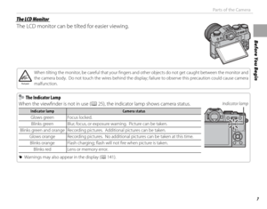 Page 237
Before You Begin
Parts of the Camera
 The LCD Monitor The LCD Monitor
The LCD monitor can be tilted for easier viewing.
Pinch point
When tilting the monitor, be careful that your fi ngers and other objects do not get caught between the monitor and When tilting the monitor, be careful that your fi ngers and other objects do not get caught between the monitor and the camera body.  Do not touch the wires behind the display; failure to observe this precaution could cause camera the camera body.  Do not...