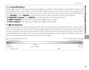 Page 7559
More on Photography and PlaybackWhite Balance
    hh: Custom White Balance: Custom White Balance
Choose 
h to adjust white balance for unusual lighting conditions.  White balance measurement options will 
be displayed; frame a white object so that it fi lls the display and press the shutter button all the way down to 
measure white balance (to select the most recent custom value and exit without measuring white balance, 
press DISP/BACK, or press MENU/OK to select the most recent value and display the...