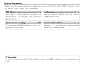 Page 10x
About This ManualAbout This Manual
Before using the camera, read this manual and the warnings in “For Your Safety” (P ii).  For information 
on specifi c topics, consult the sources below.
Table of ContentsTable of Contents ................................................. .................................................PP xii xiiTroubleshootingTroubleshooting ................................................ ................................................PP 136 136
The “ Table of Contents” gives an...