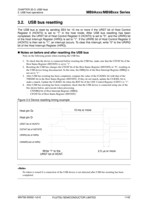 Page 1178 
3. USB host operations 
 
3.2.  USB bus resetting 
The USB bus is reset by sending SE0 for 10 ms or more if the URST bit of Host Control 
Register 0 (HCNT0) is set to 1 in the host mode. After USB bus resetting has been 
completed, the URST bit of Host Control Register 0 (HCNT0) is set to 0, and the URIRQ bit 
of the Host Interrupt Register (HIRQ) is set to 1
. If the URIRE bit of Host Control Register 0 
(HCNT0) is then set to 1, an interrupt occurs. To clear this interrupt, write 0 to the URIRQ 
bit...