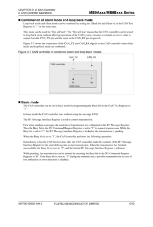 Page 1248 
3. CAN Controller Operations 
 
 Combination of silent mode and loop back mode 
Loop back mode and silent mode can be combined by setting the LBack bit and Silent bit in the CAN Test 
Register to 1 at the same time. 
This mode can be used for Hot self-test. The Hot self-test means that the CAN controller can be tested 
in loop back mode without affec ting operation of the CAN system, becau se a constant recessive value is 
output from the CAN_TX pin and the input to the CAN_RX pin is ignored. 
Figure...