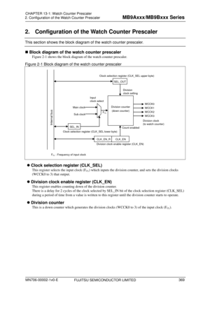 Page 405FUJITSU SEMICONDUCTOR LIMITED 
2.  Configuration of the Watch Counter Prescaler 
This section shows the block diagram of the watch counter prescaler. 
 Block diagram of the  watch counter prescaler 
Figure 2-1 shows the block diagram of the watch counter prescaler. 
Figure 2-1 Block diagram of the watch counter prescaler 
 
Internal bus 
Division counter 
(down counter) 
FCL : Frequency of input clock  SEL_IN 
CLK_EN Count enabled
SEL_OUT 
Main clock 
Sub clock 
FCL  WCCK0 
WCCK1 
WCCK2 
WCCK3 
Input...