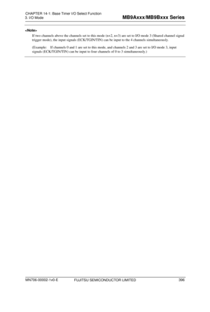 Page 432 
3. I/O Mode 
 
 If two channels above the channels set to this mode (n+2, n+3) are set to I/O mode 3 (Shared channel signal 
trigger mode)
 , the input signals (ECK/TGIN/TIN) can be input to the 4 channels simultaneously. 
(Example:    If channels 0 and 1 are set to this mode, and channels 2 and 3 are set to I/O mode 3, input 
signals (ECK/TGIN/TIN) can be input to four channels of 0 to 3 simultaneously.) 
 
FUJITSU SEMICONDUCTOR LIMITED 
CHAPTER  14-1: Base Timer  I/O Select  Function...