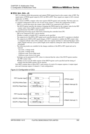 Page 536 
2. Configuration of Multifunction Timer 
 
 OCU: 6ch. (2ch. ×3) 
  OCU is a function block that generates and outputs PWM signals based on the counter value of FRT. The 
signal names of PWM signals output by OCU are RT0 to RT5. These signals are output to LSI’s external 
output pins via WFG. 
   OCU consists of FRTS, compare value store register (OCCP register) and controller. The basic unit is in 
a 2-channel configuration with  two sets of each circuit. Figure 2-3 shows the configuration of OCU....