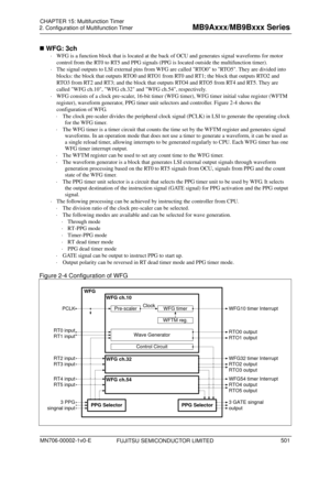 Page 537 
2. Configuration of Multifunction Timer 
 
 WFG: 3ch 
  WFG is a function block that is located at the back of OCU and generates signal waveforms for motor 
control from the RT0 to RT5 and PPG signals (PPG is located outside the multifunction timer). 
   The signal outputs to LSI external pins from WFG are called RTO0 to RTO5. They are divided into 
blocks: the block that outputs RTO0 and RTO1 from RT0 and RT1; the block that outputs RTO2 and 
RTO3 from RT2 and RT3; and the block that outputs RTO4...