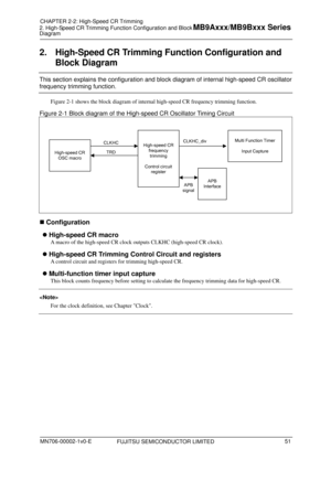 Page 87 FUJITSU SEMICONDUCTOR LIMITED 
2.  High-Speed CR Trimming Function Configuration and Block Diagram 
This section explains the configuration and bloc k diagram of internal high-speed CR oscillator 
frequency trimming function. 
Figure 2-1 shows the block diagram of internal high-speed CR frequency trimming function. 
Figure 2-1 Block diagram of the High-speed CR Oscillator Timing Circuit 
 
CLKHC_divCLKHC
TRD
APB 
signal
APB
Interface
Multi Function Timer
Input Capture
High-speed CR OSC macro
High-speed...