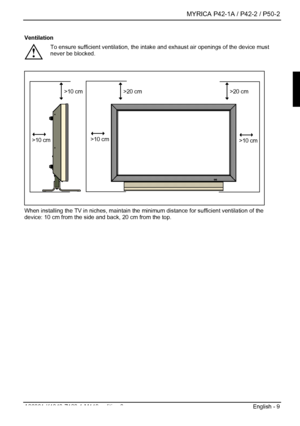 Page 11  MYRICA P42-1A / P42-2 / P50-2 
A26361-K1040-Z120-1-M119, edition 3  English - 9 
Ventilation 
! To ensure sufficient ventilation, the intake
 and exhaust air openings of the device must 
never be blocked. 
 
>10 cm>20 cm>20 cm
>10 cm
>10 cm>10 cm
 
When installing the TV in niches, maintain the  minimum distance for sufficient ventilation of the 
device: 10 cm from the side and back, 20 cm from the top. 
 