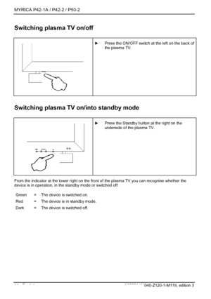 Page 16MYRICA P42-1A / P42-2 / P50-2 
14 - English A26361-K1040-Z120-1-M119, edition 3 
Switching plasma TV on/off 
 
 
 ►  Press the ON/OFF switch at the left on the back of 
the plasma TV. 
 
 
Switching plasma TV on/into standby mode 
  ►   Press the Standby button at the right on the 
underside of the plasma TV. 
 From the indicator at the lower right on the front  of the plasma TV you can recognise whether the 
device is in operation, in the standby mode or switched off. 
 Green 
Red 
Dark  = 
= 
= The...