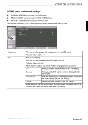 Page 29  MYRICA P42-1A / P42-2 / P50-2 
A26361-K1040-Z120-1-M119, edition 3  English - 27 
SETUP menu - advanced settings 
►  Press the MENU button to open the OSD menu. 
►  Mark the  SETUP menu item with the 
 /  buttons. 
►   Press the MENU button to activate the menu item. 
The buttons available to you for setting t he options are shown in the menu footer. 
  Translucent With this function you set t he transparency of the OSD menu 
Possible values:  Off, 1 - 7  
(Picture In Picture) 
With this function you...