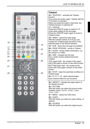 Page 21  LCD TV MYRICA SE 32 
A26361-K1085-Z120-1-M119, edition 1  English - 19 
 
Teletext 
16 = TELETEXT - activates the Teletext 
function 
If you press the button again, Teletext with the 
TV function is activated. 
When you press the button a third time, the 
Teletext function is switched off.  
17  = UPDATE 
Press the UPDATE button to switch to TV 
mode while waiting for the text page. 
Press the UPDATE button again to revert to 
Teletext mode.  
18  = INDEX - opens the Index page 
With the number buttons...