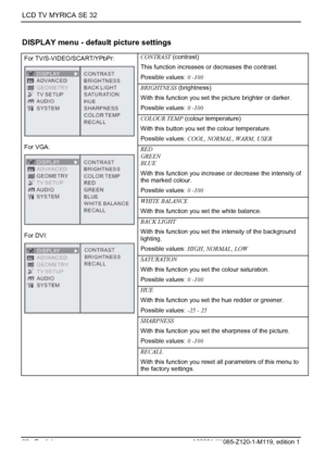 Page 24LCD TV MYRICA SE 32 
22 - English A26361-K1085-Z120-1-M119, edition 1 
DISPLAY menu - default picture settings 
CONTRAST (contrast) 
This function increases or  decreases the contrast. 
Possible values:  0 -100 
BRIGHTNESS  (brightness) 
With this function you set the picture brighter or darker. 
Possible values:  0 -100 
COLOUR TEMP  (colour temperature) 
With this button you set the colour temperature. 
Possible values:  COOL, NORMAL , WARM , USER  
RED  
GREEN  
BLUE 
With this function you increase...